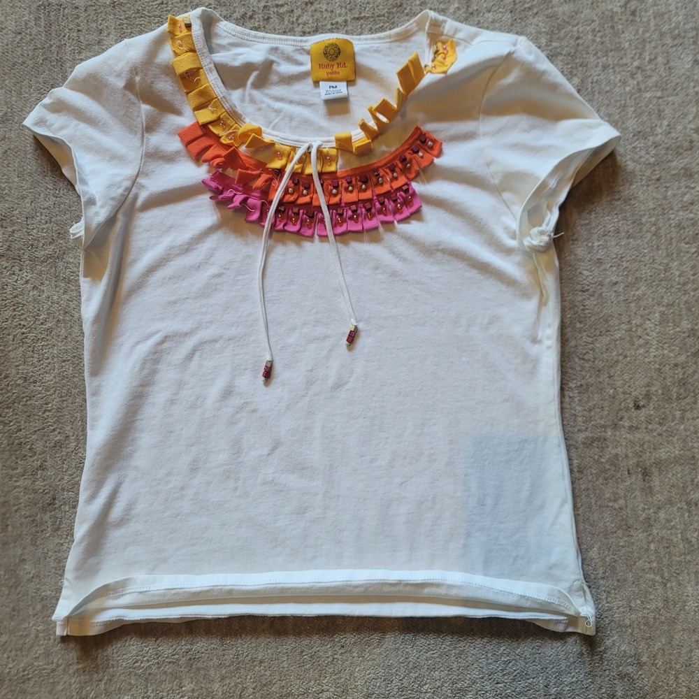 Vtg Ruby Rd Petite White Short Sleeve T-Shirt Beaded Ruffle Neckline PM Bohemian